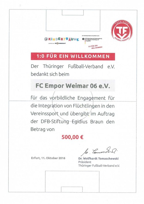 Auszeichnung für Integrationsarbeit „1:0 für ein Willkommen"