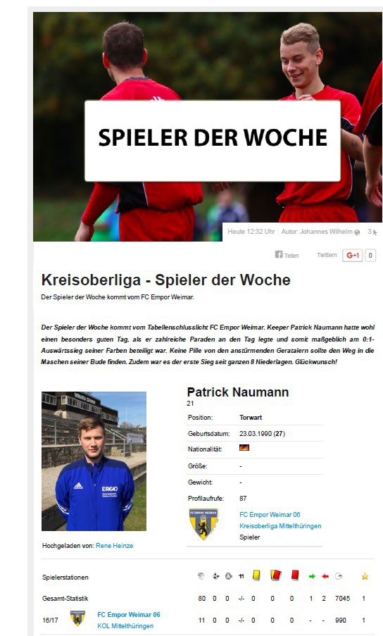 Spieler der Woche in der KOL MTH (Männer) kommt vom FC Empor